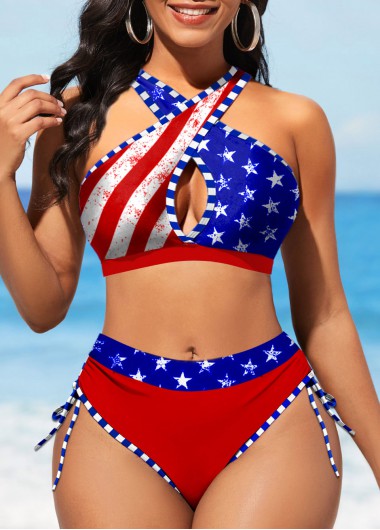 Rosewe Color Block American Flag Print Drawstring Bikini Set - M