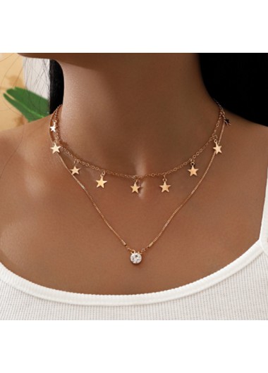 Rosewe Fashion Gold Layered Star Pendant Metal Detail Necklace - One Size