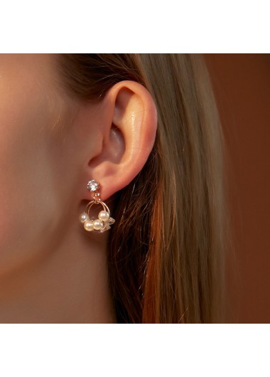 Rosewe Chic Pearl Rhinestone Metal Detail Gold Earrings - One Size