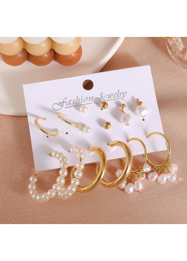Rosewe Chic Pearl Gold Metal Detail Earring Set - One Size