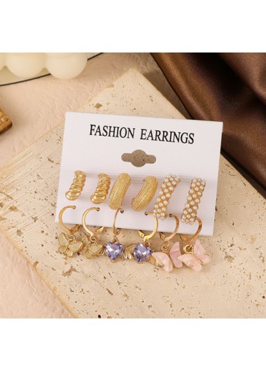 Rosewe Chic Butterfly Design Gold Pearl Heart Detail Earring Set - One Size