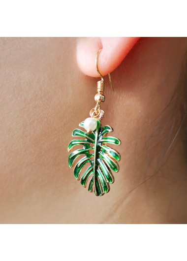 Rosewe Chic Leaf Design Pearl Metal Detail Green Earrings - One Size