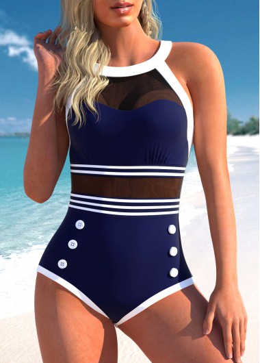 Rosewe Striped Mesh Stitching Navy Blue One Piece Swimwear - XXL