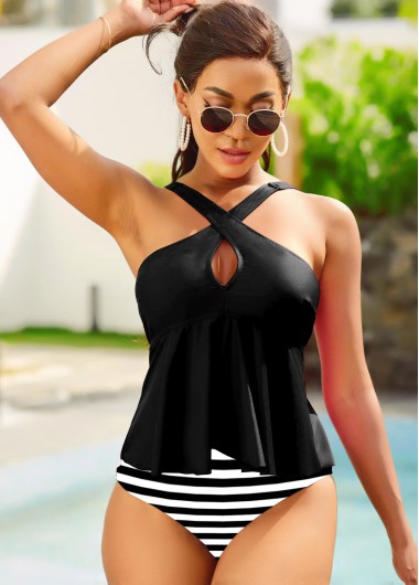 Rosewe Cross Front Striped Black Tankini Set - S