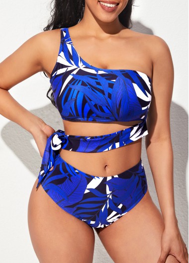 Rosewe Leaf Print Blue One Shoulder Tie Side Bikini Set - M