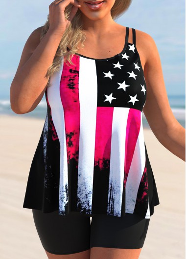 Rosewe Plus Size American Flag Print Double Straps Tankini Top - 1X
