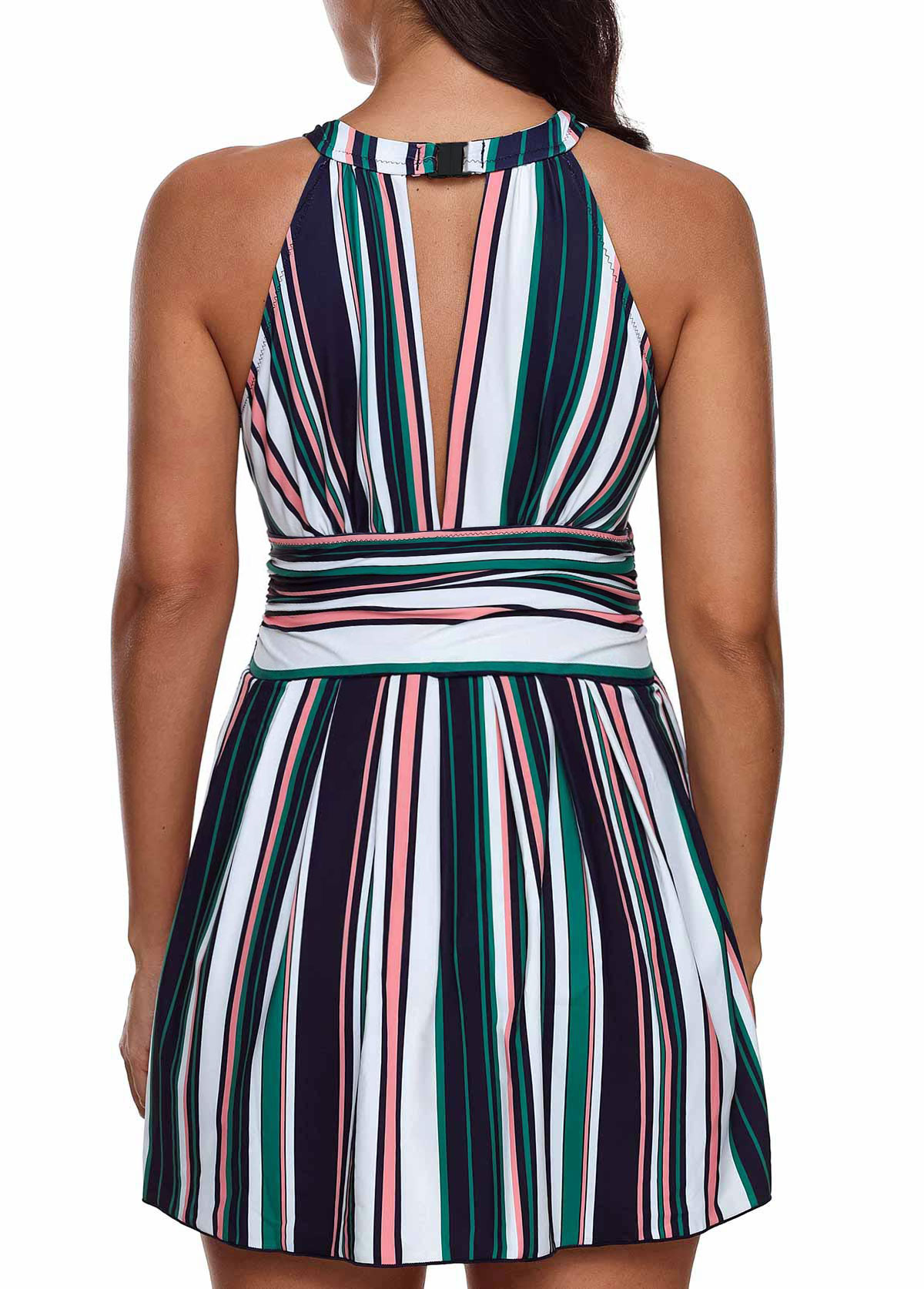 Striped Cutout Back Plus Size Swimdress and Shorts