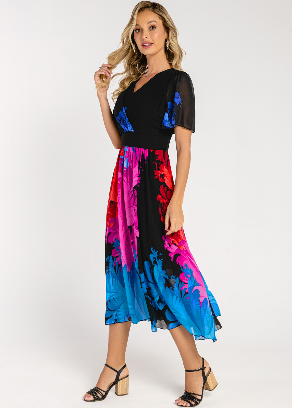V Neck High Waisted Colorful Print Dress