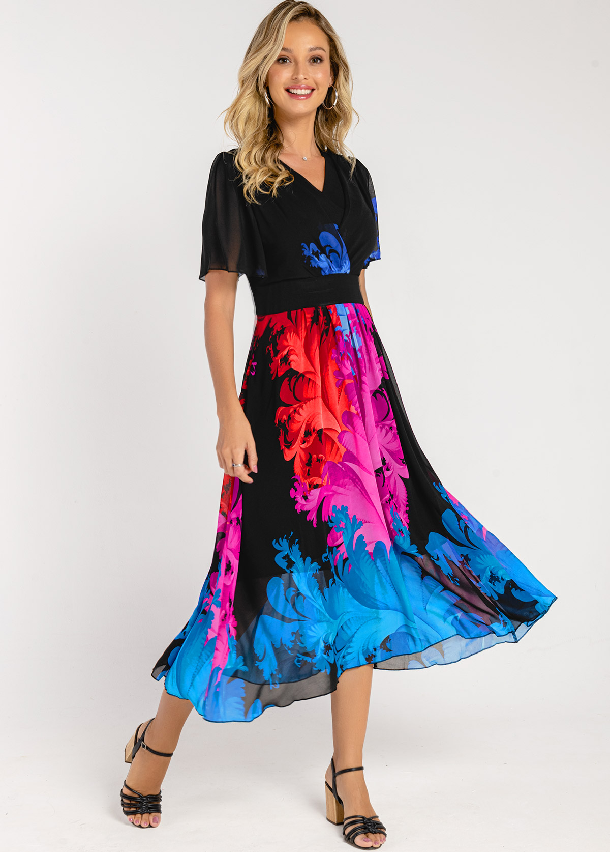 V Neck High Waisted Colorful Print Dress