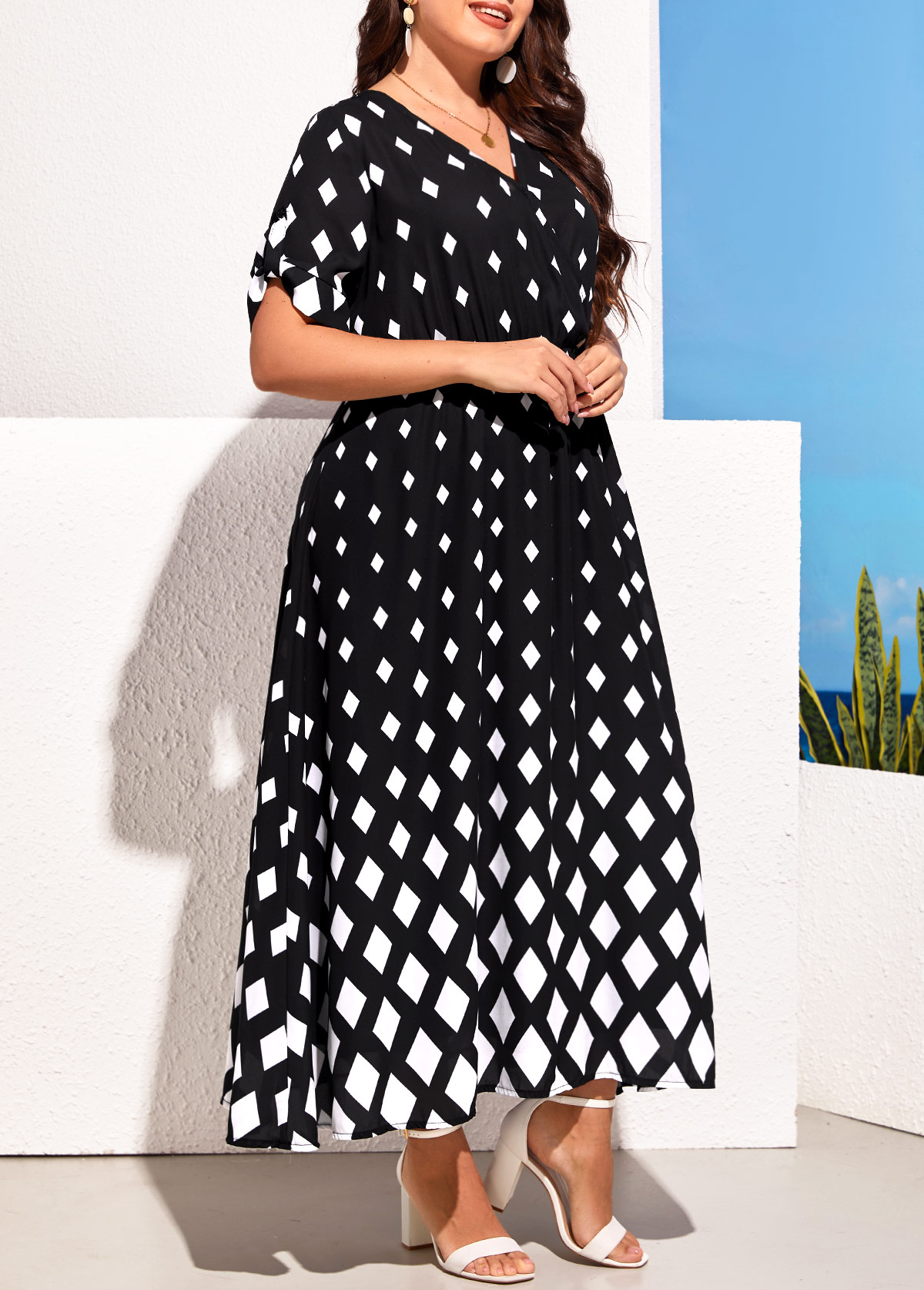 Black Geometric Print Plus Size Dress