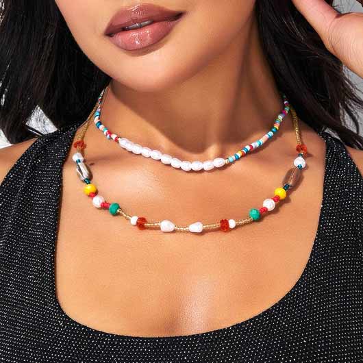 Rainbow Color Beads Bohemia Pearl Necklace Set