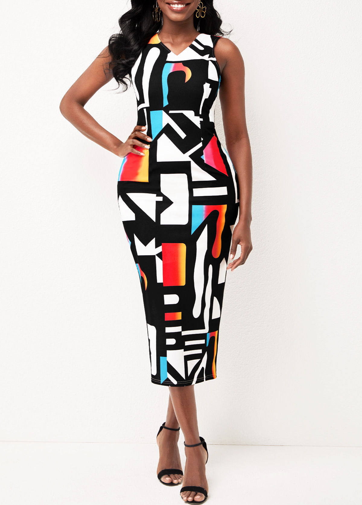 Geometric Print V Neck Multi Color Dress