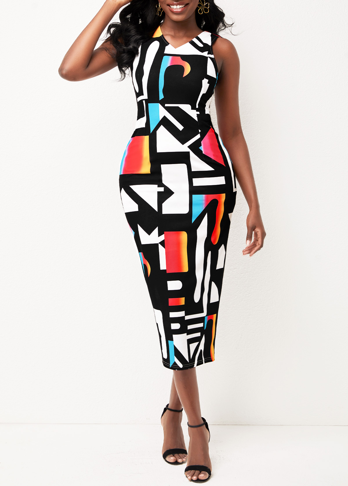 Geometric Print V Neck Multi Color Dress