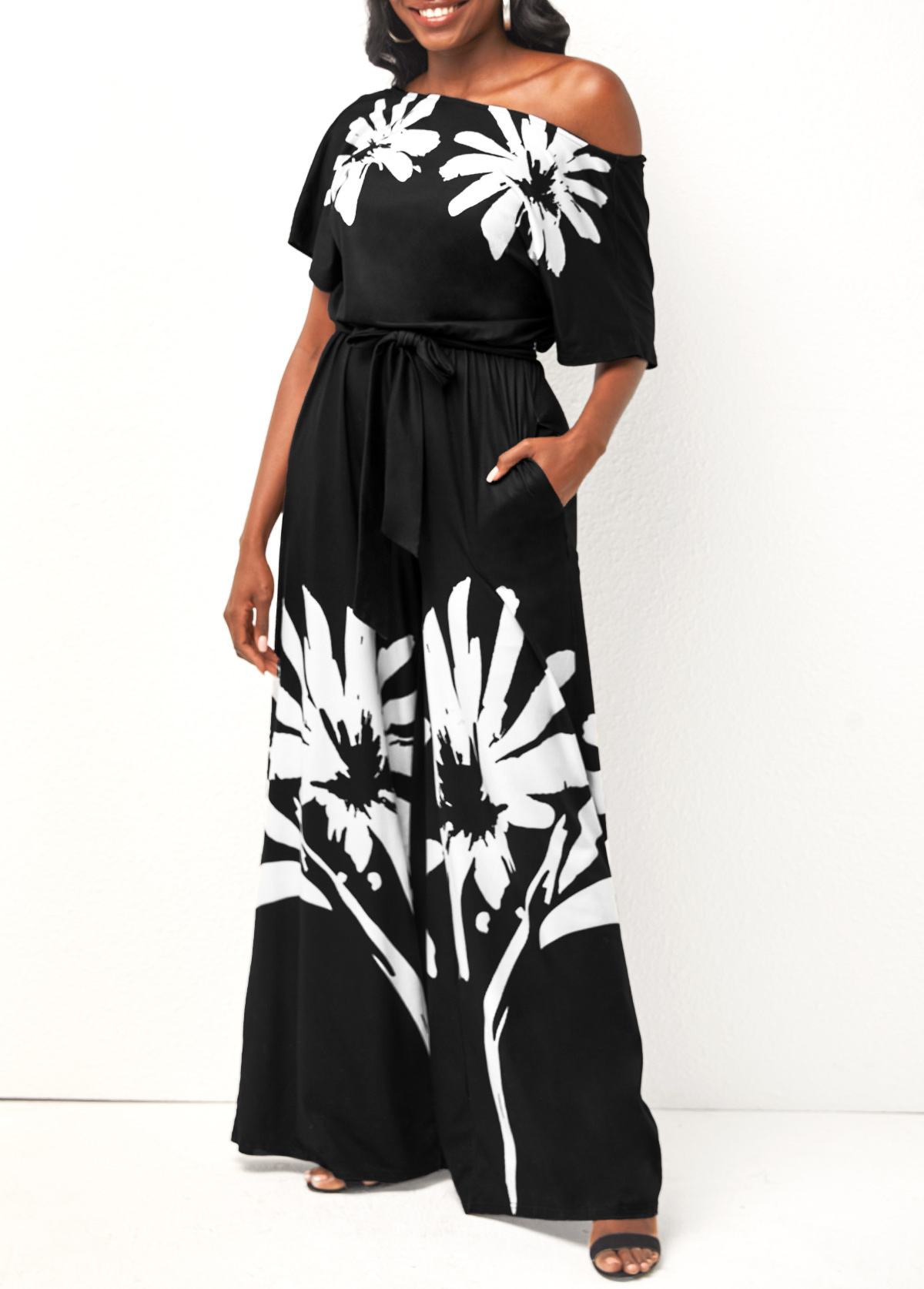 Black Belted Floral Print Skew Neck Jumpsuit