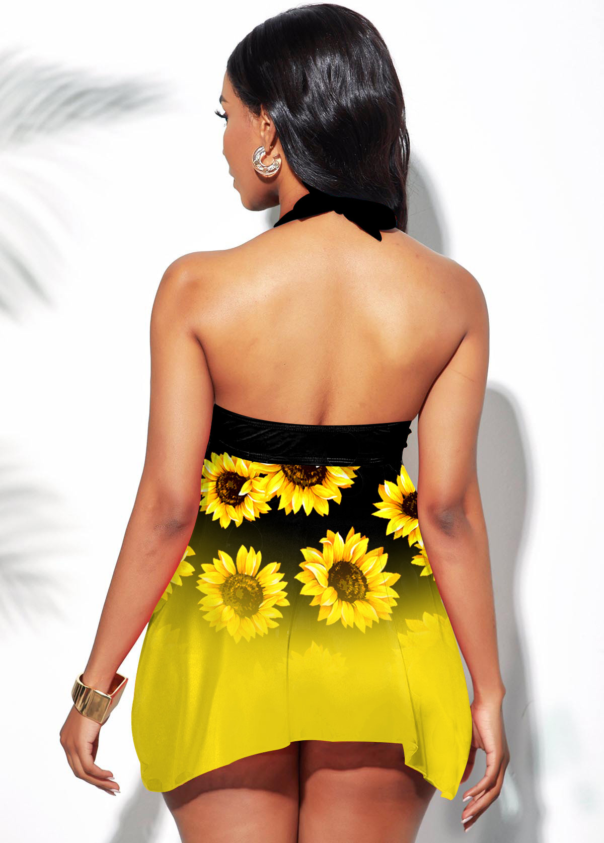 Sunflower Print Yellow Halter Swimdress and Shorts