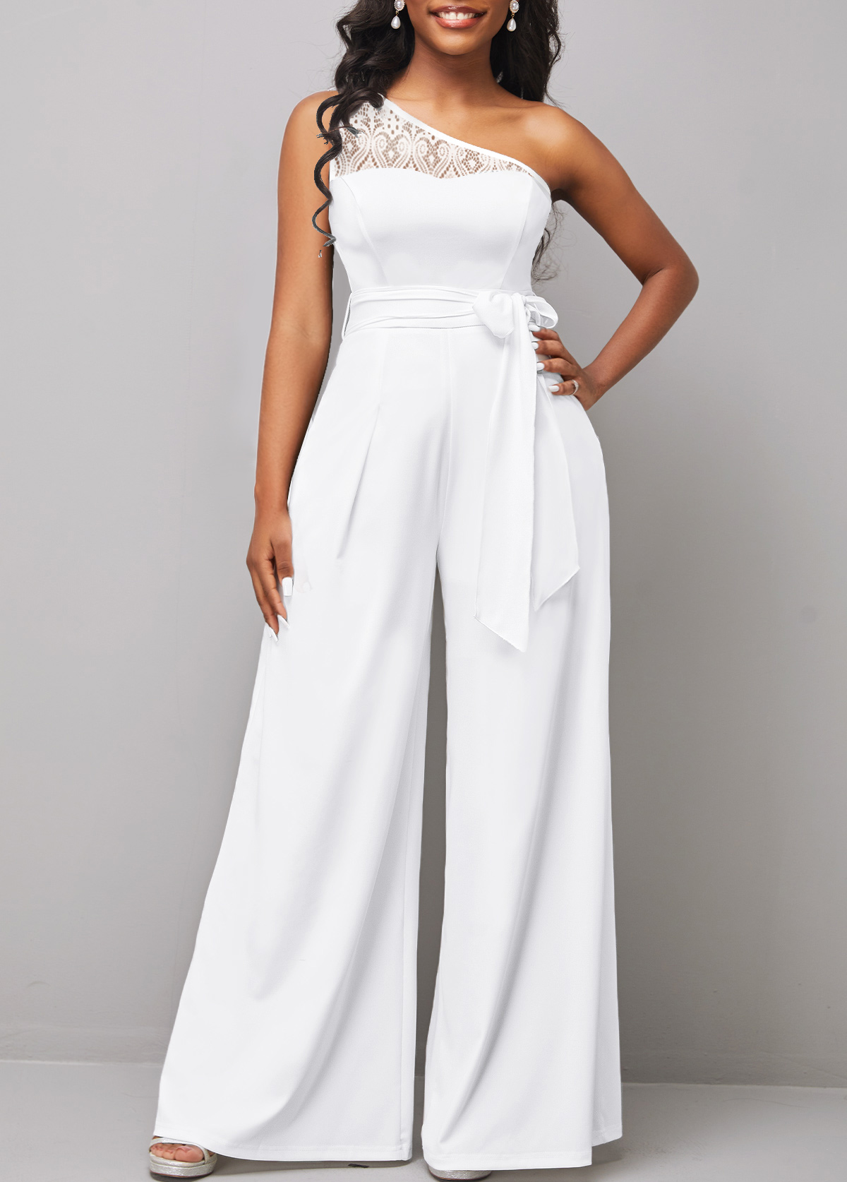 Skew Neck Lace Stitching Belted White Jumpsuit