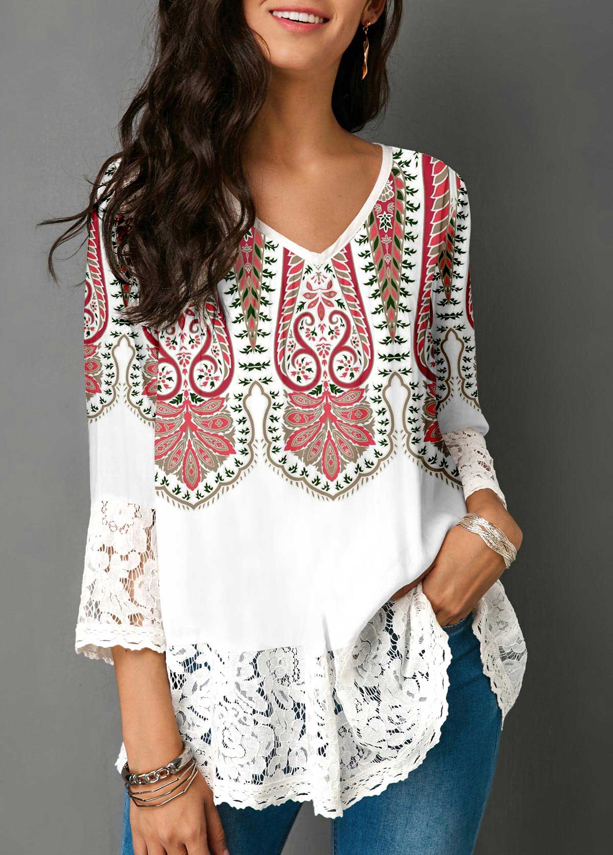 White Tribal Print Lace Patchwork Blouse
