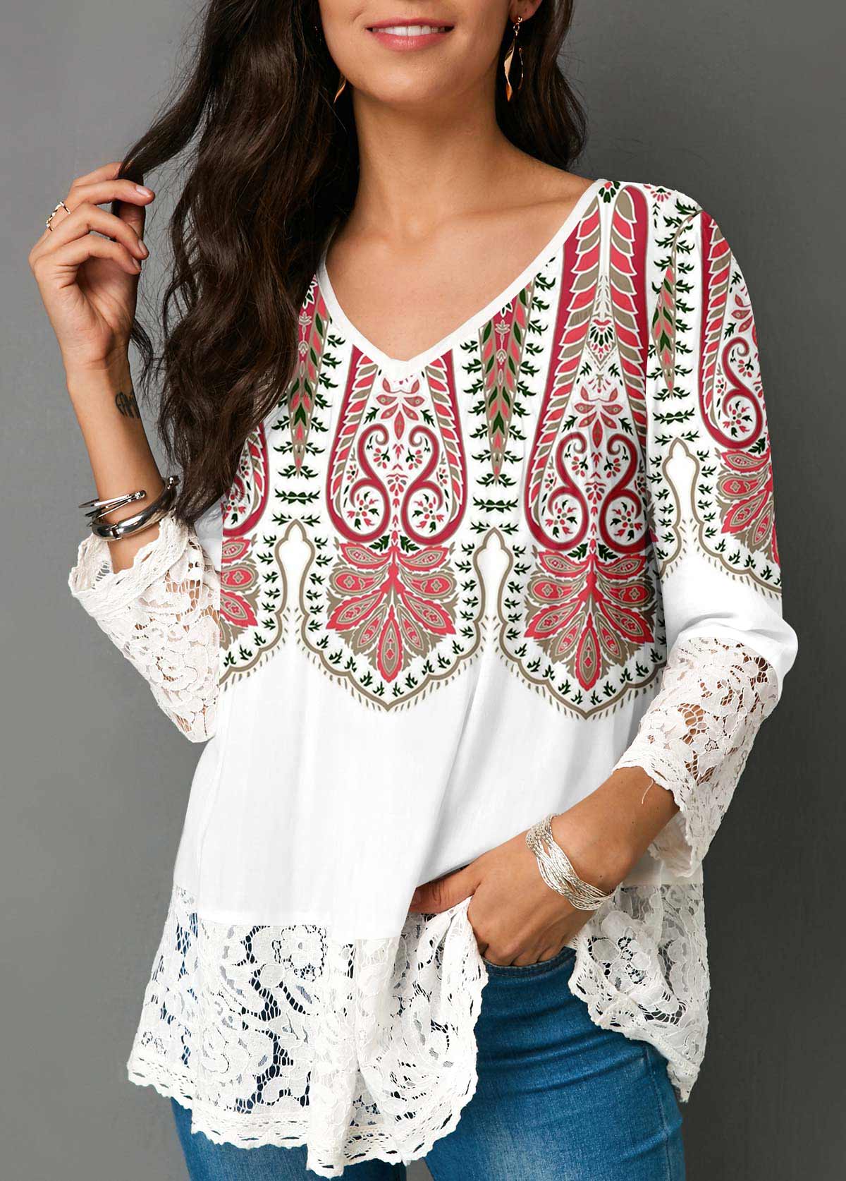 White Tribal Print Lace Patchwork Blouse
