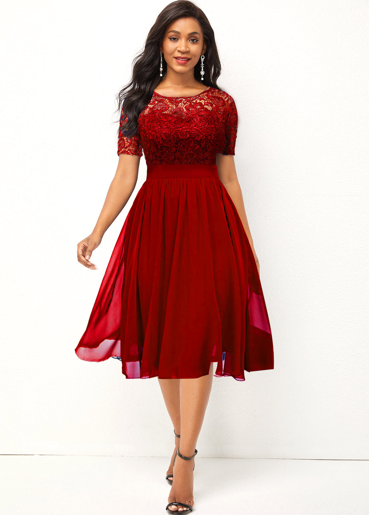 Chiffon Round Neck Lace Patchwork Red Dress