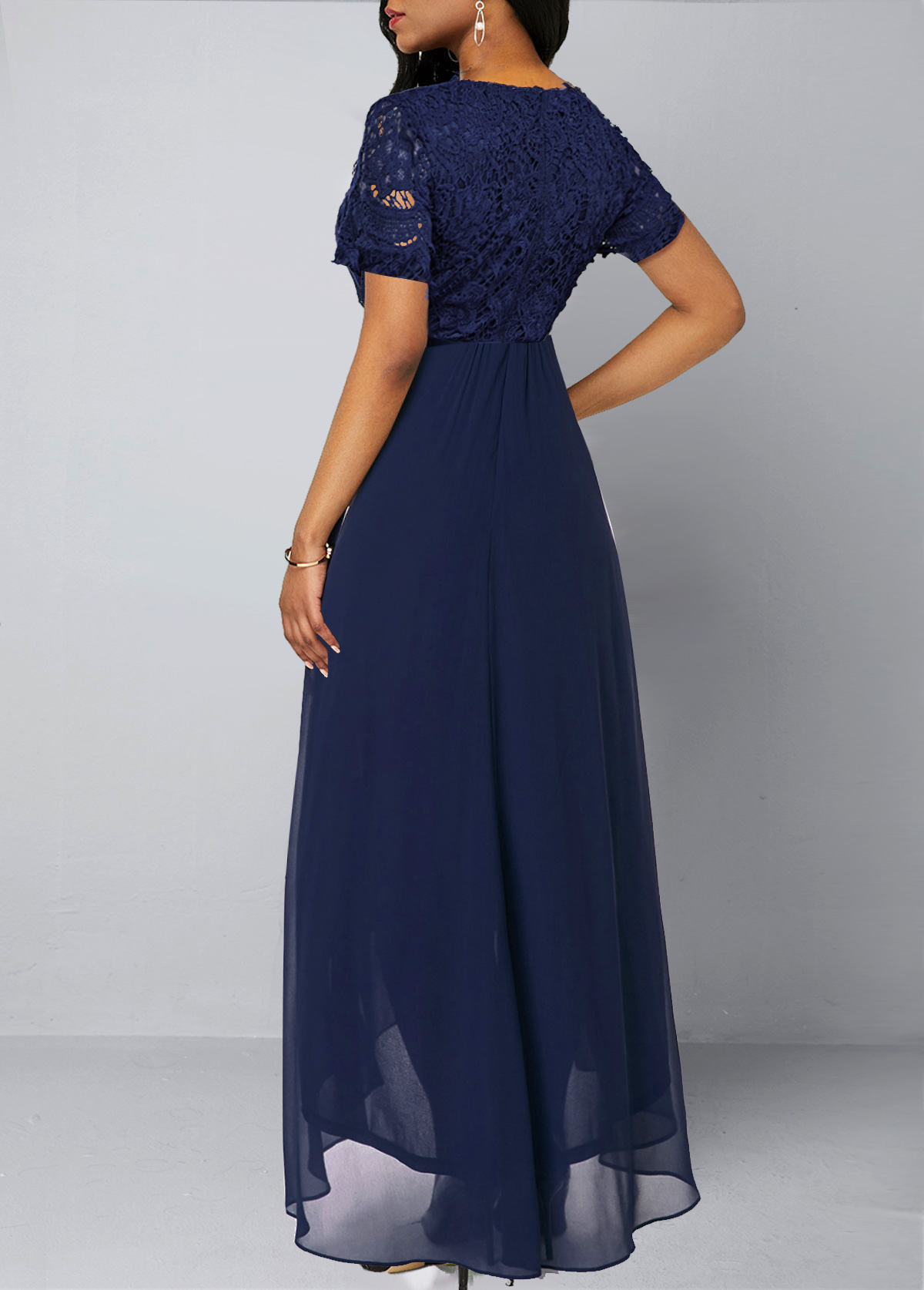 Chiffon Lace Stitching Asymmetric Hem Navy Blue Dress