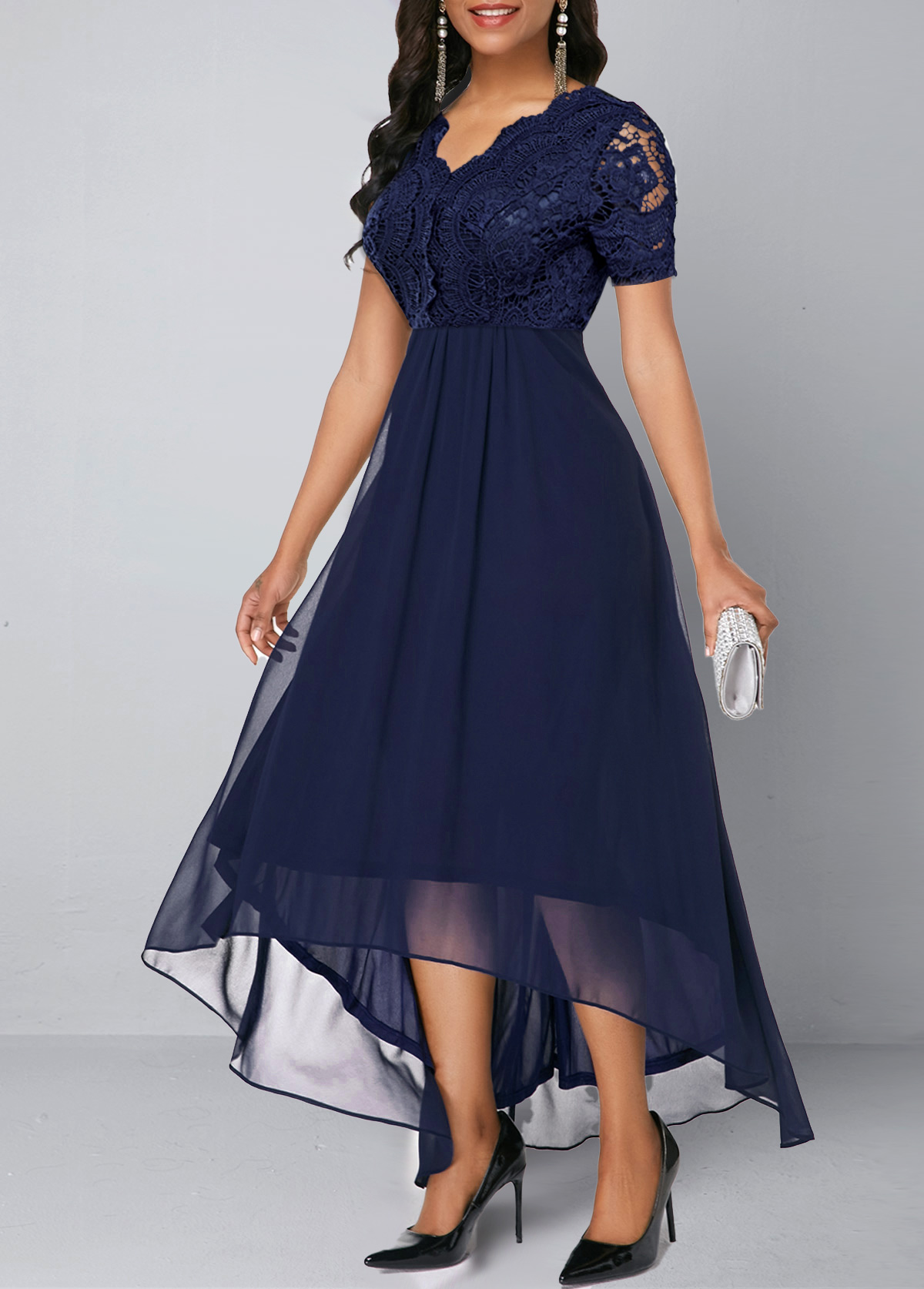 Chiffon Lace Stitching Asymmetric Hem Navy Blue Dress