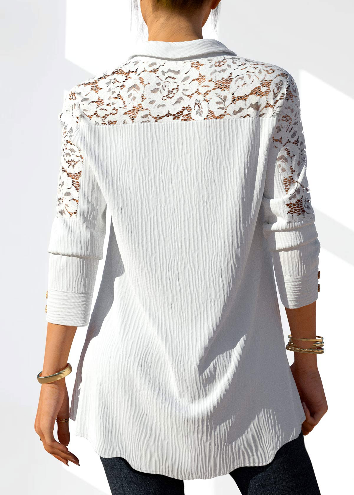 Lace Stitching Button Detail White Blouse