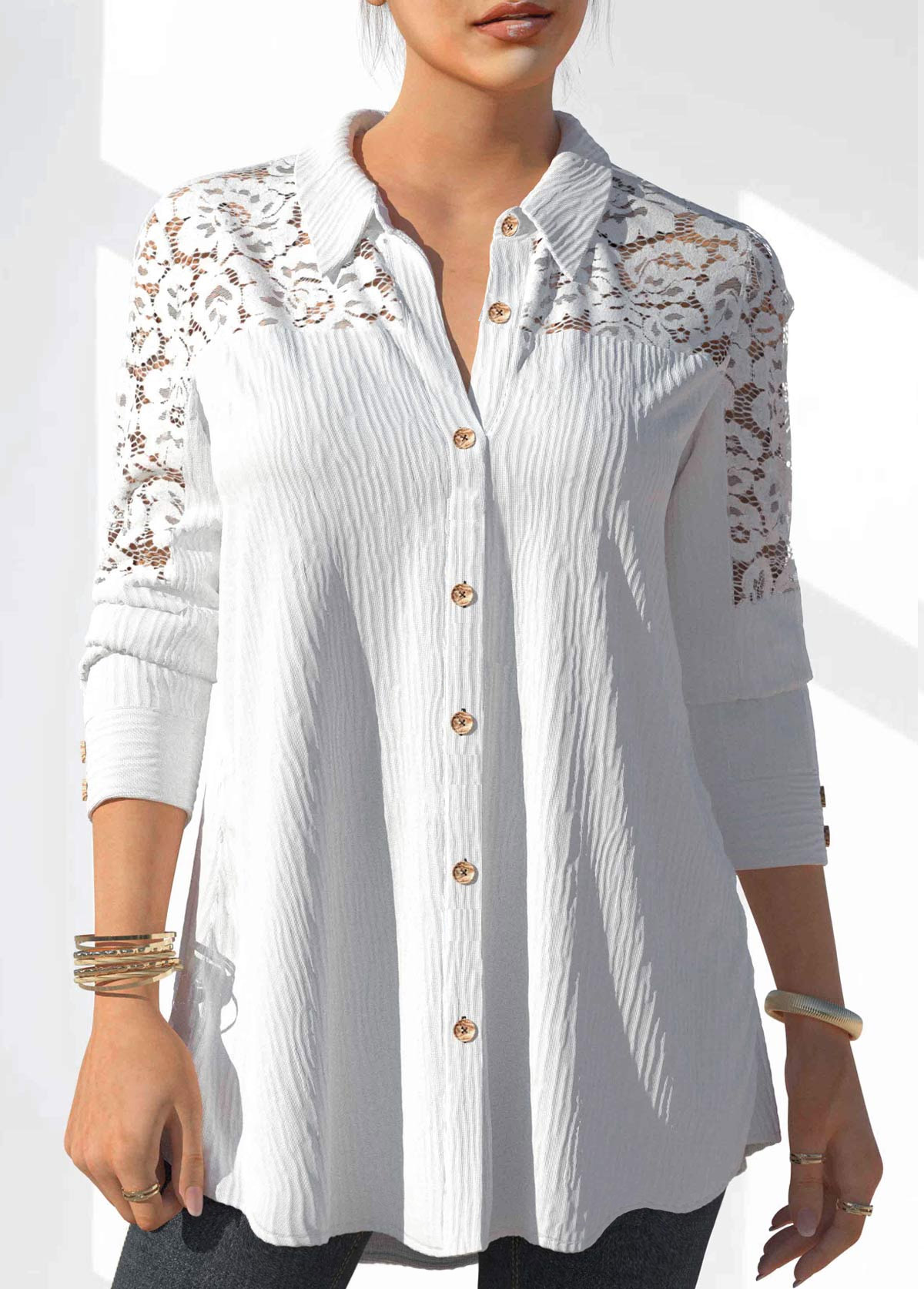 Lace Stitching Button Detail White Blouse