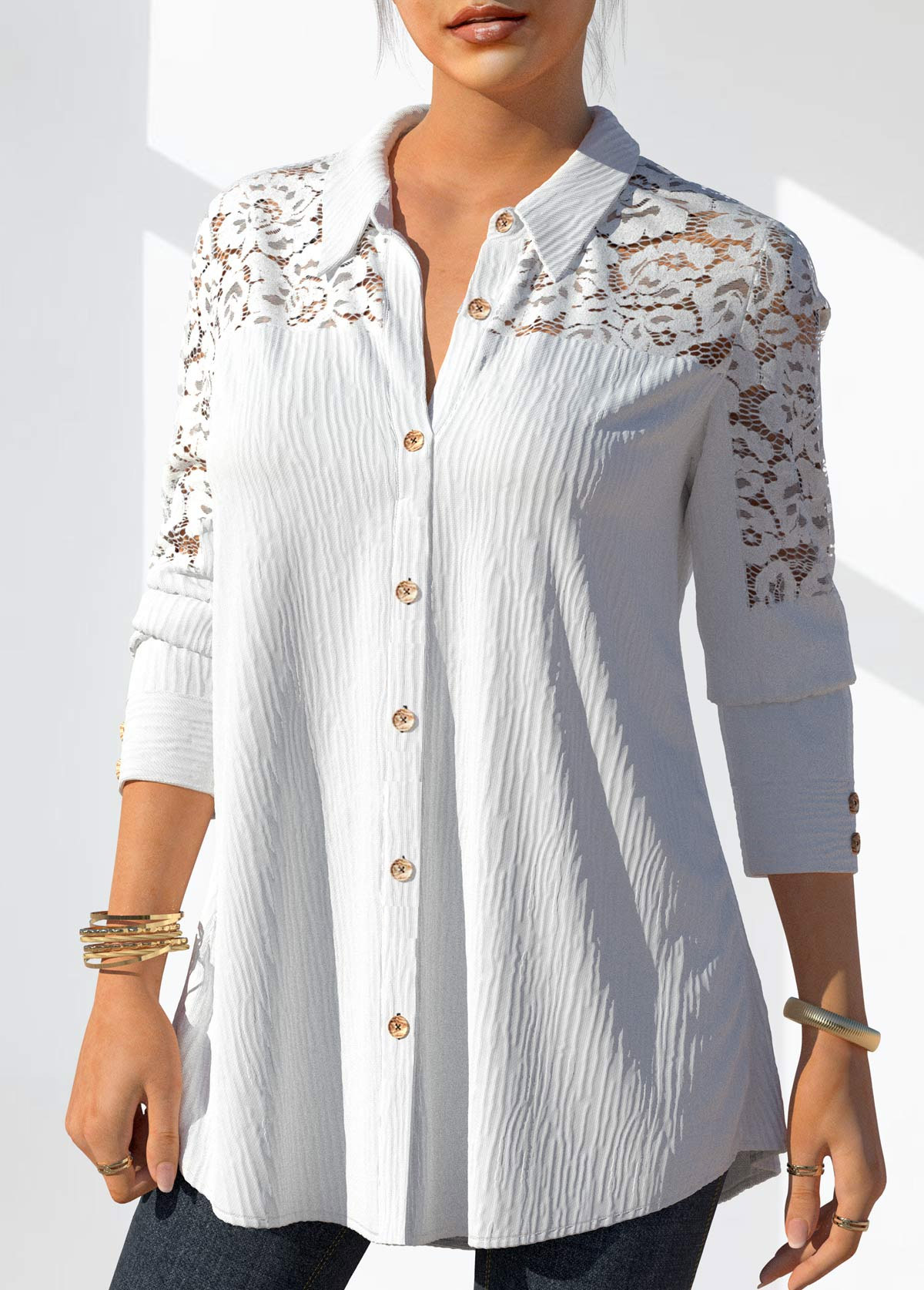 Lace Stitching Button Detail White Blouse