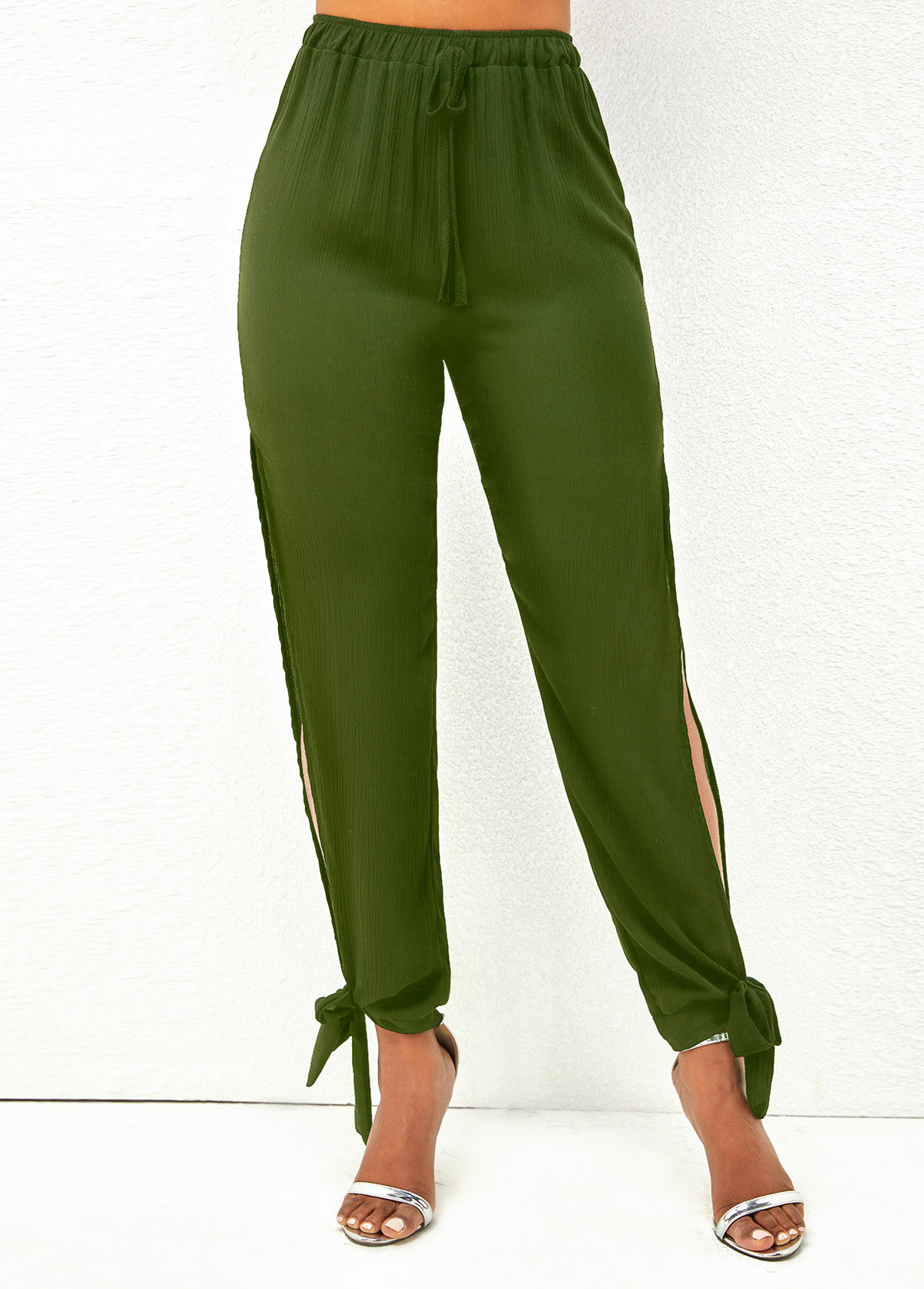 Army Green Side Slit Drawstring Waist Pants