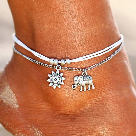 Elephant and Sun Design Silver Anklet Set