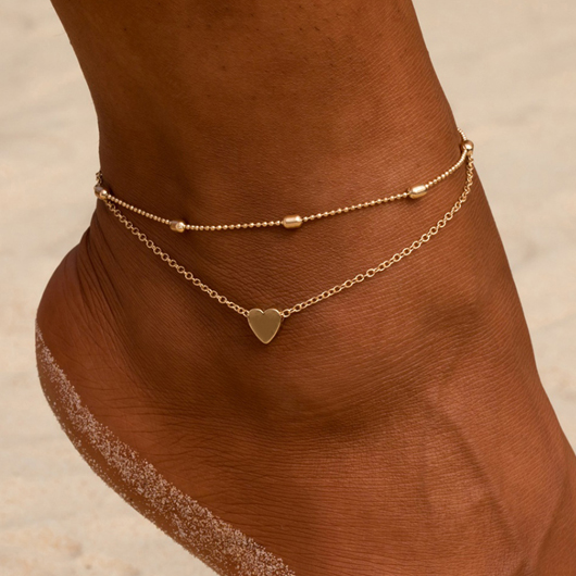 Heart Design Gold Metal Detail Anklet Set