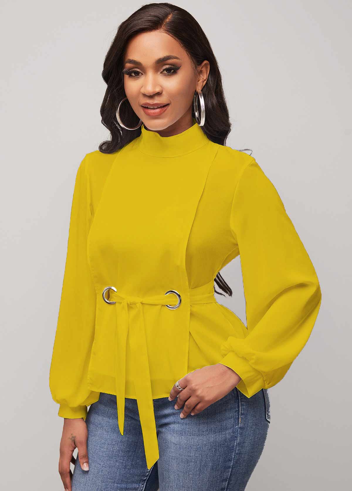 Yellow Mock Neck Long Sleeve Belted Blouse