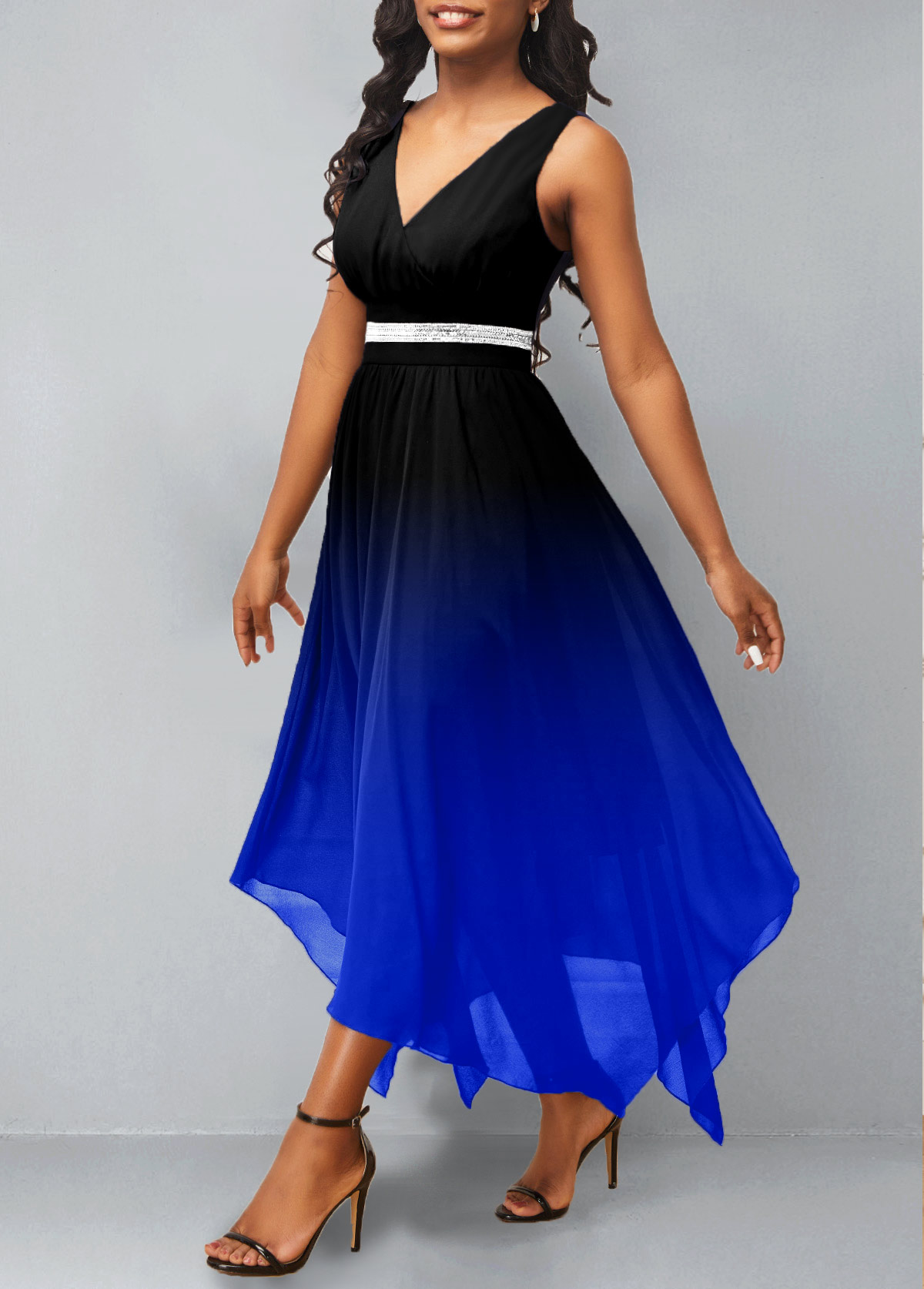 Chiffon Asymmetric Hem Royal Blue Ombre Dress