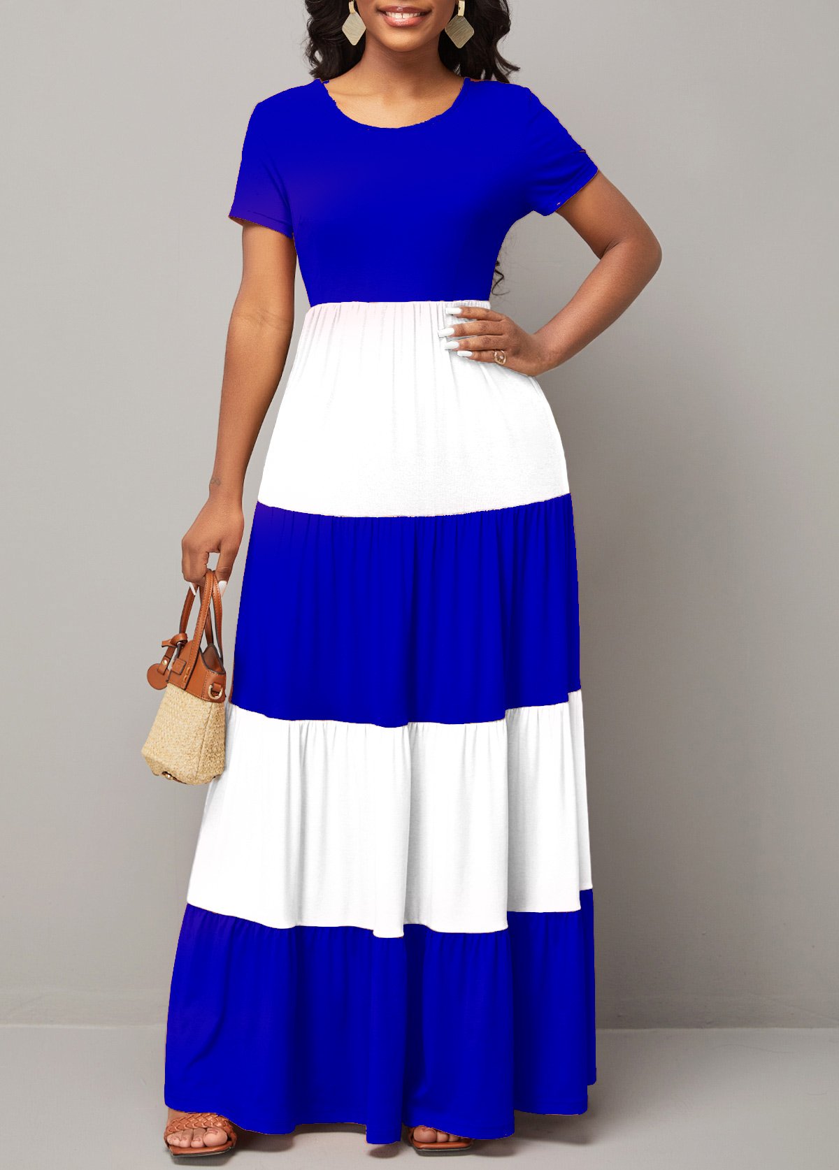 Color Block Short Sleeve Round Neck Maxi Dress