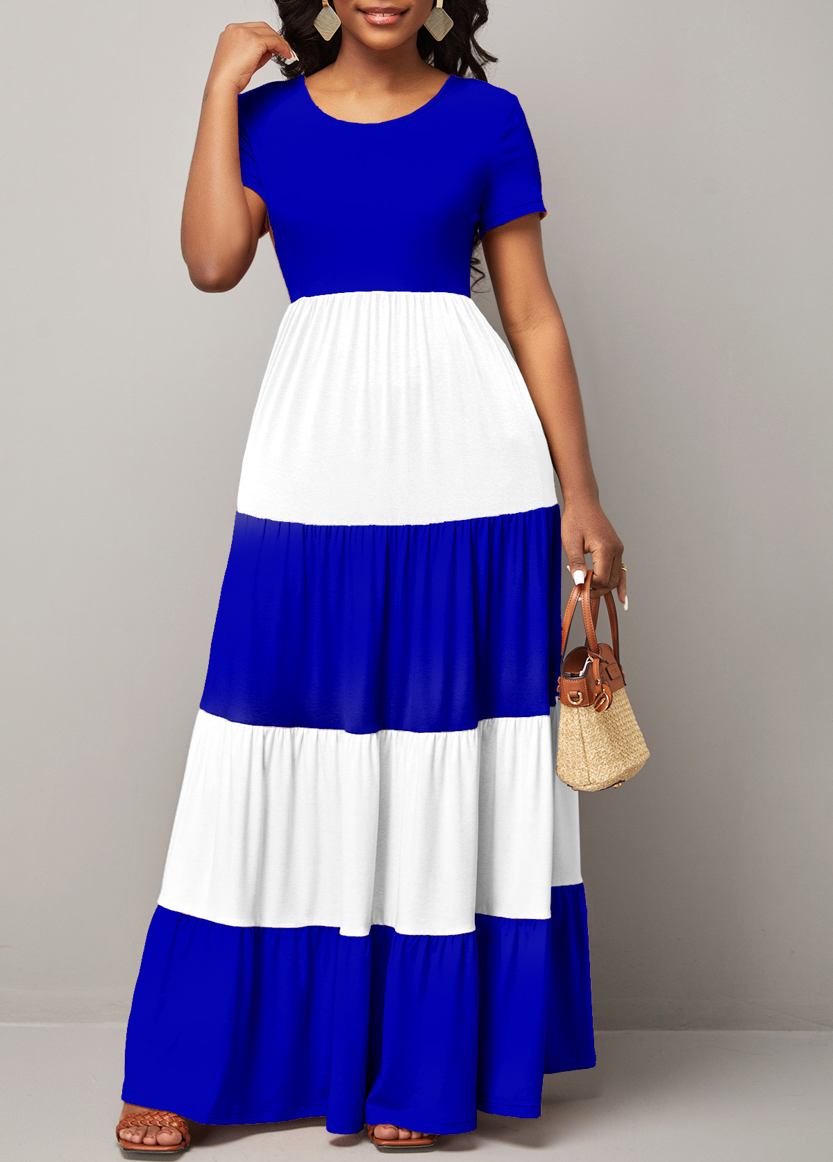 Color Block Short Sleeve Round Neck Maxi Dress