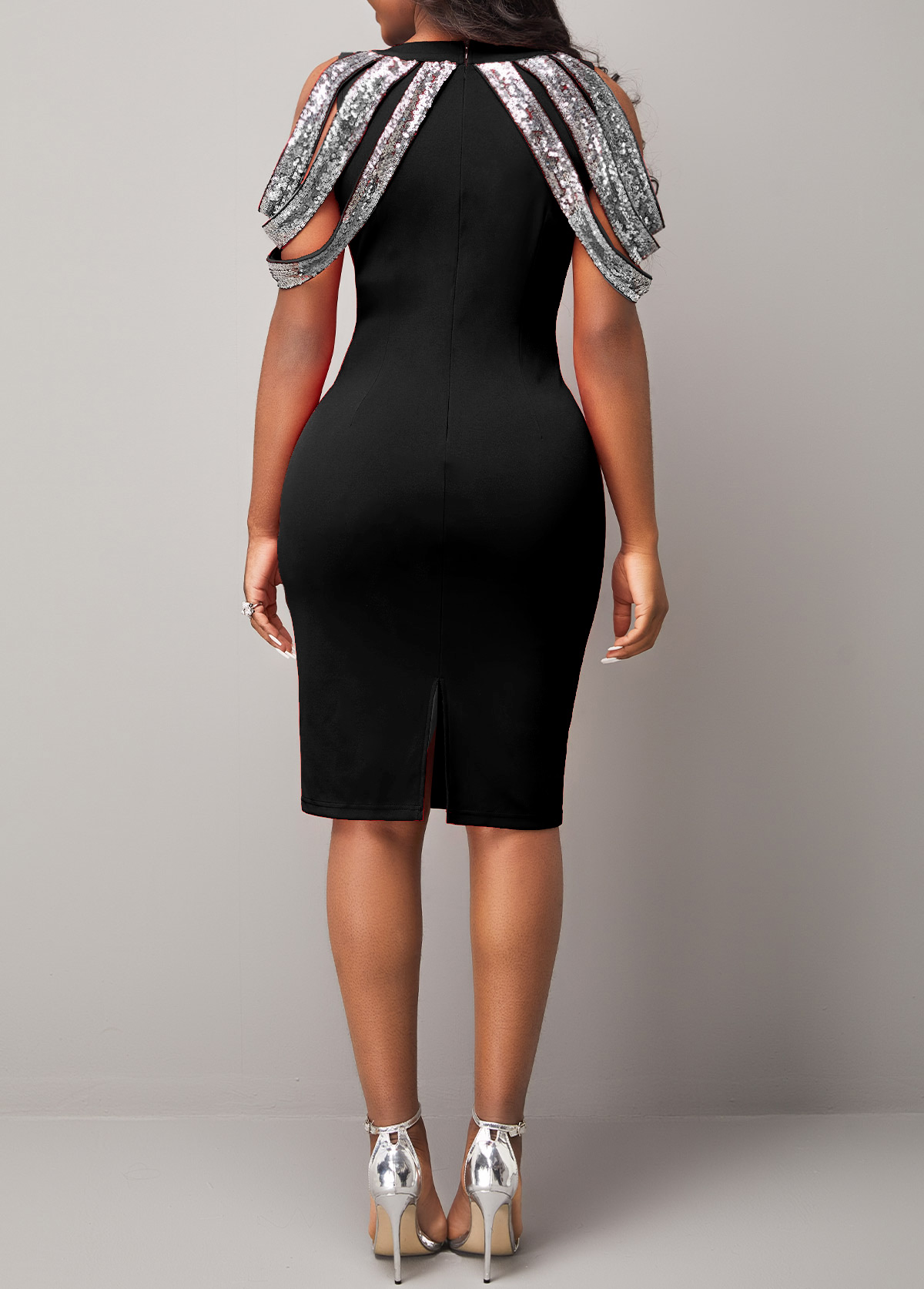 Cold Shoulder Sequin Black Short Sleeve Dress