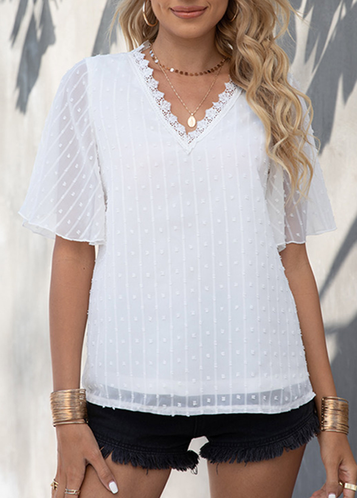 Textured V Neck Lace Patchwork White T Shirt