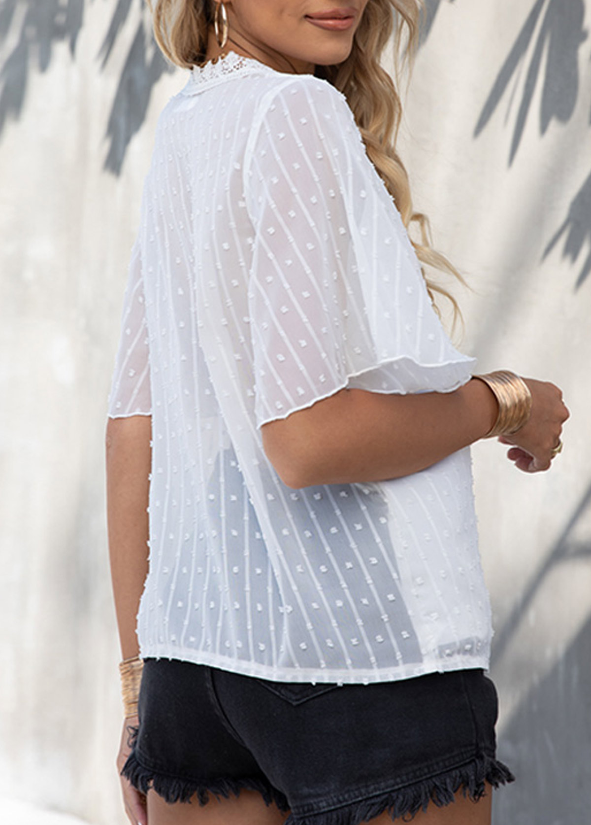 Textured V Neck Lace Patchwork White T Shirt