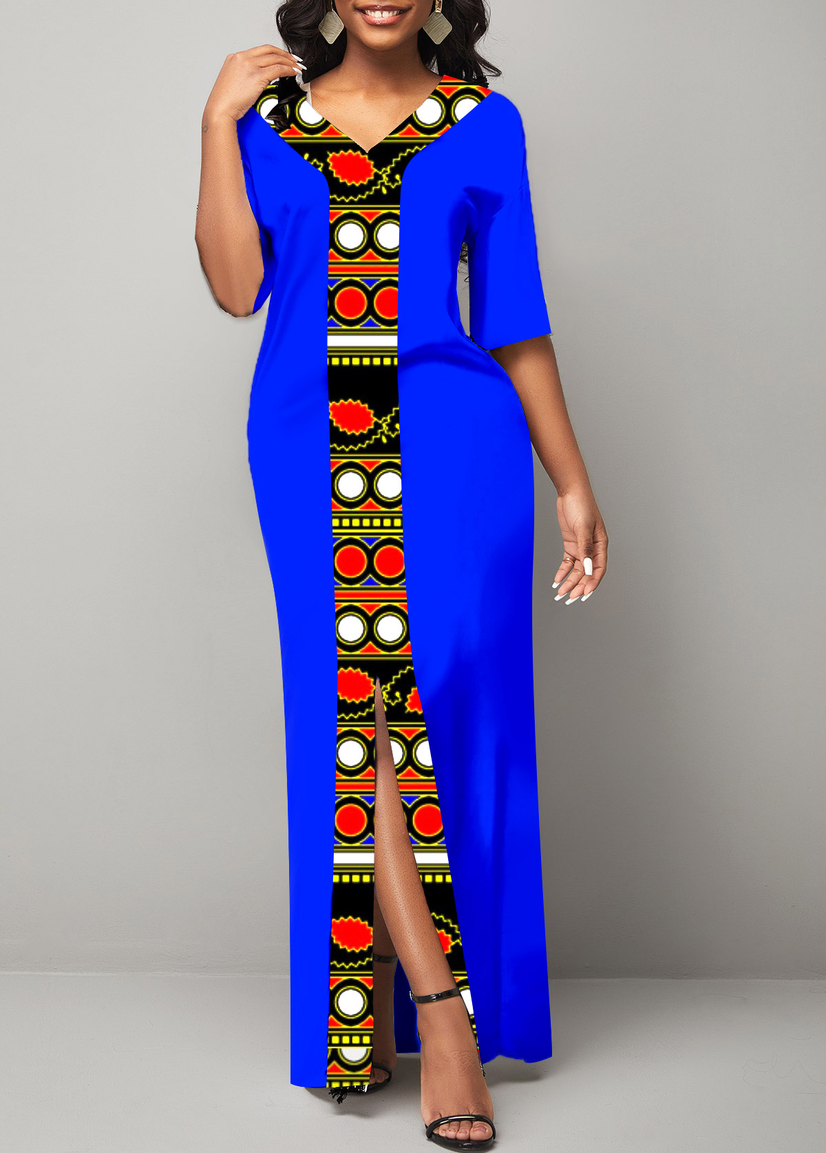 Tribal Print V Neck Royal Blue Maxi Dress