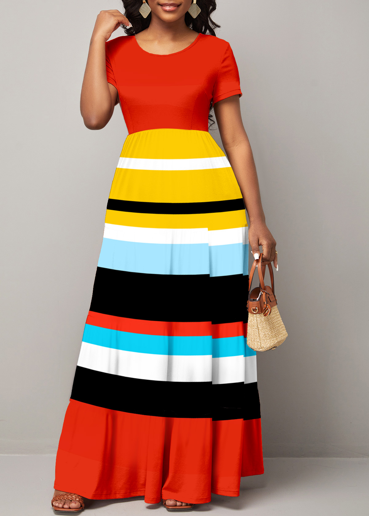 Short Sleeve Round Neck Rainbow Stripe Dress