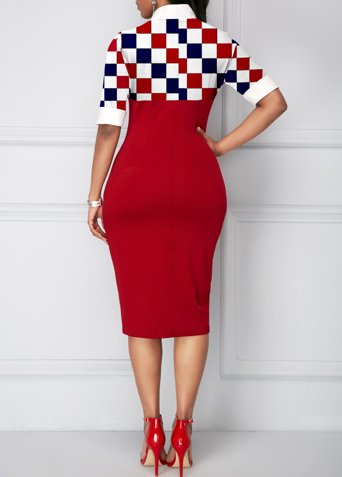 Red Checkered Print Decorative Button Dress