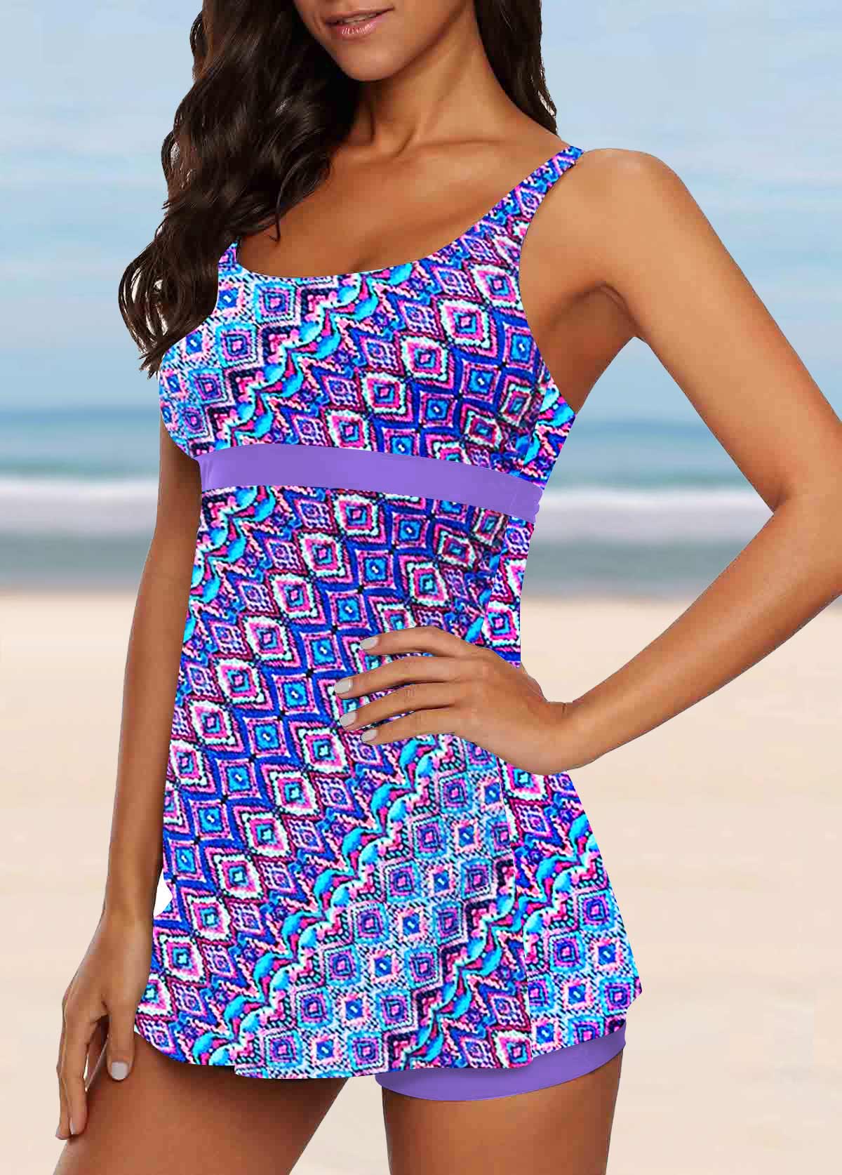 Wide Strap Tribal Print Light Purple Tankini Set