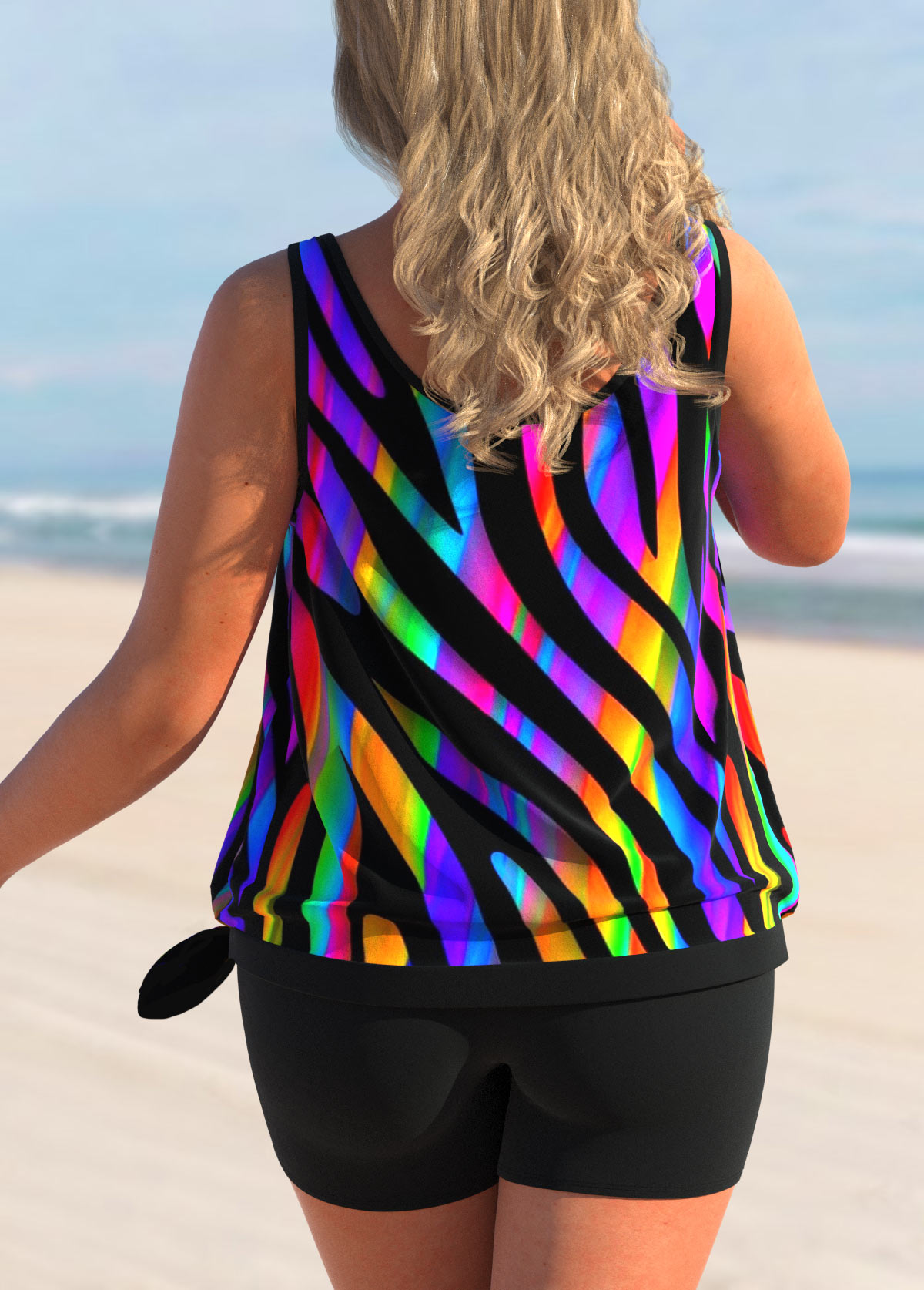 Black Colorful Print Plus Size Tankini Top-No Bottom