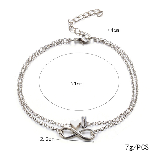 Layered Letter and Heart Design Silver Anklet