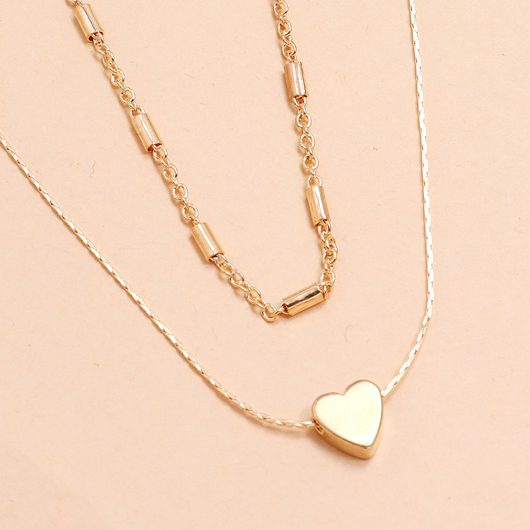 Heart Design Metal Detail Gold Necklace Set