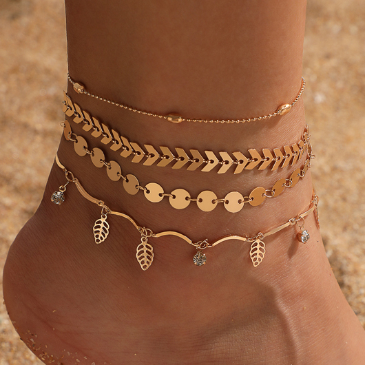 Layered Leaf Design Gold Anklet Set