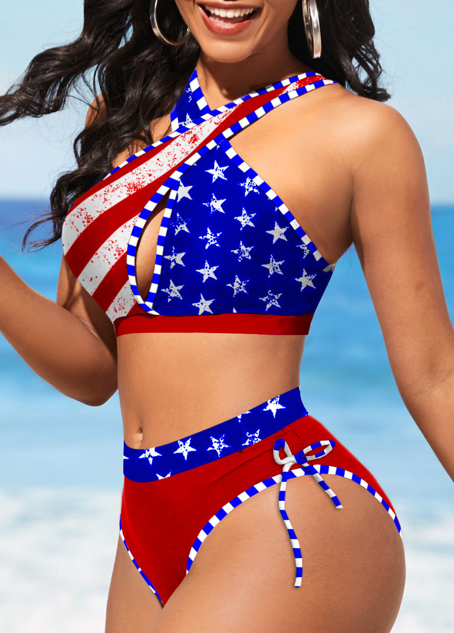 Color Block American Flag Print Drawstring Bikini Set