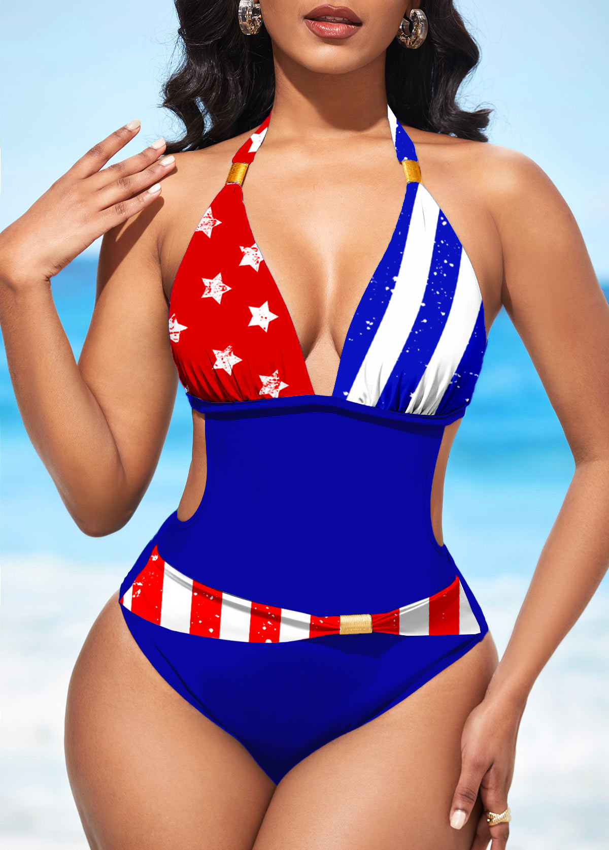 American Flag Print Color Block Halter One Piece Swimwear