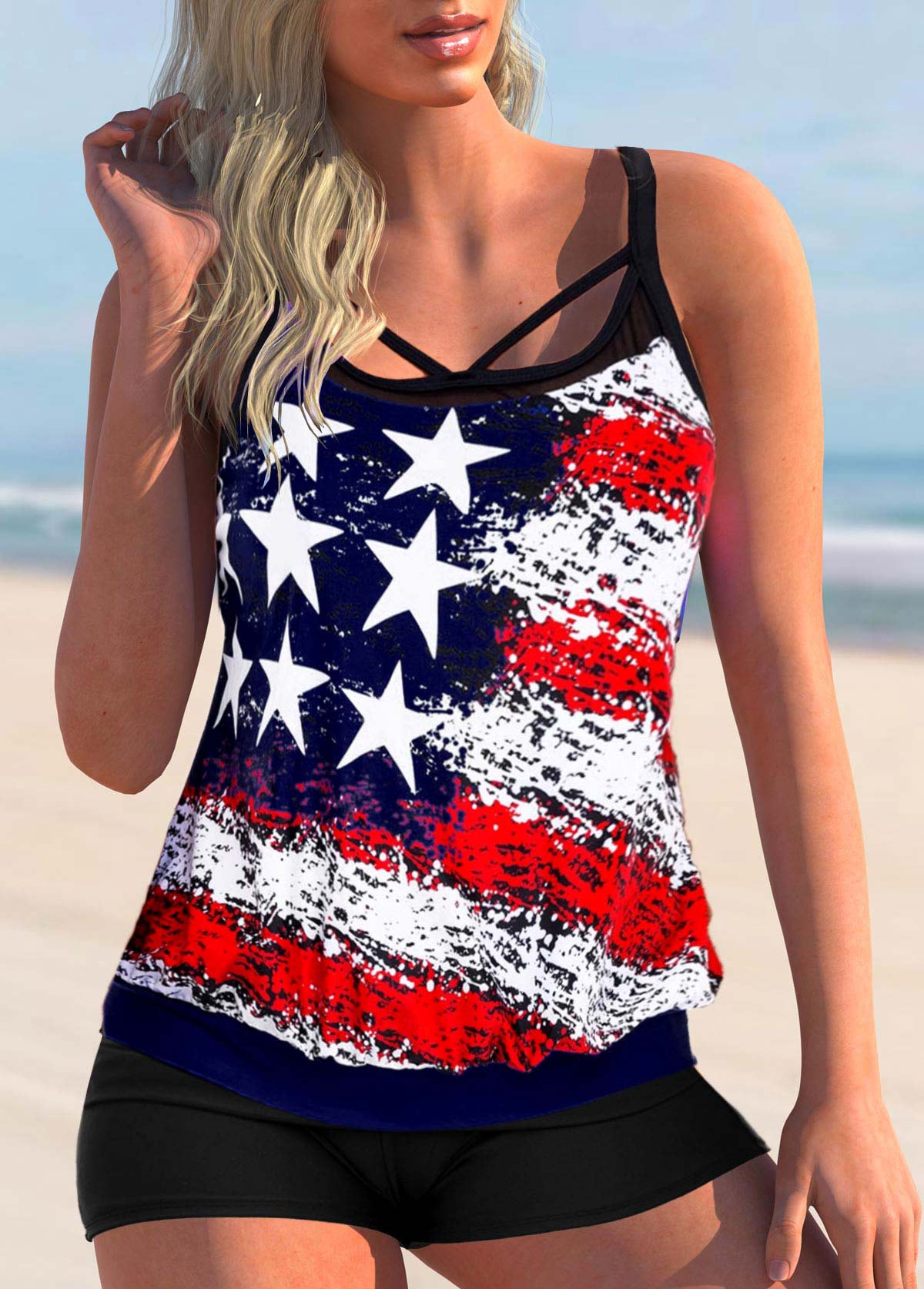 Plus Size American Flag Print Cross Strap Tankini Set