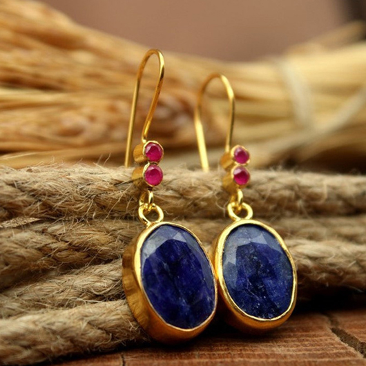 Gemstone Blue Oval Metal Detail Earrings